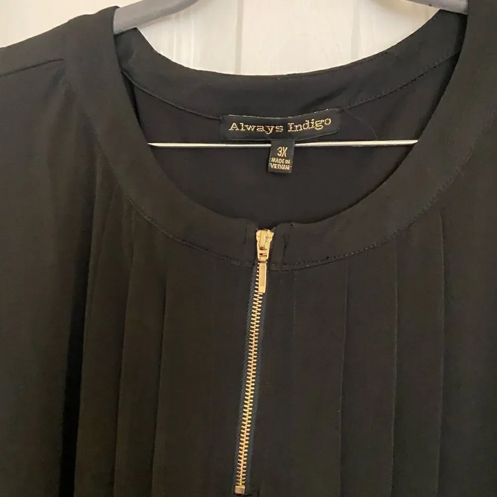 Always Indigo Long Sleeve Black Blouse Size 3X 1/4 Gold Zipper - Picture 4 of 12